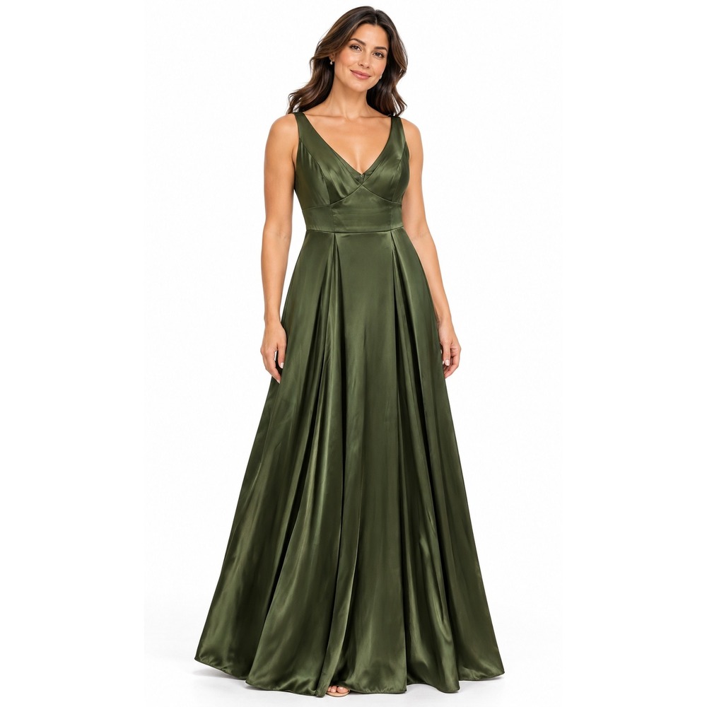 Galina Signature Gown Satin V-Neck Pockets Olive Green Women 12 Formal Glam